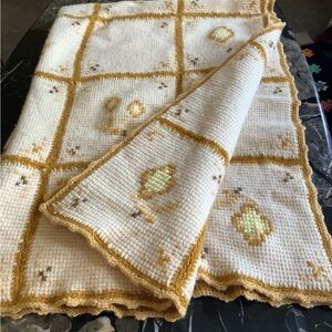 Hand loomed wool crochet yellow,tan,camel intricate design granny square throw